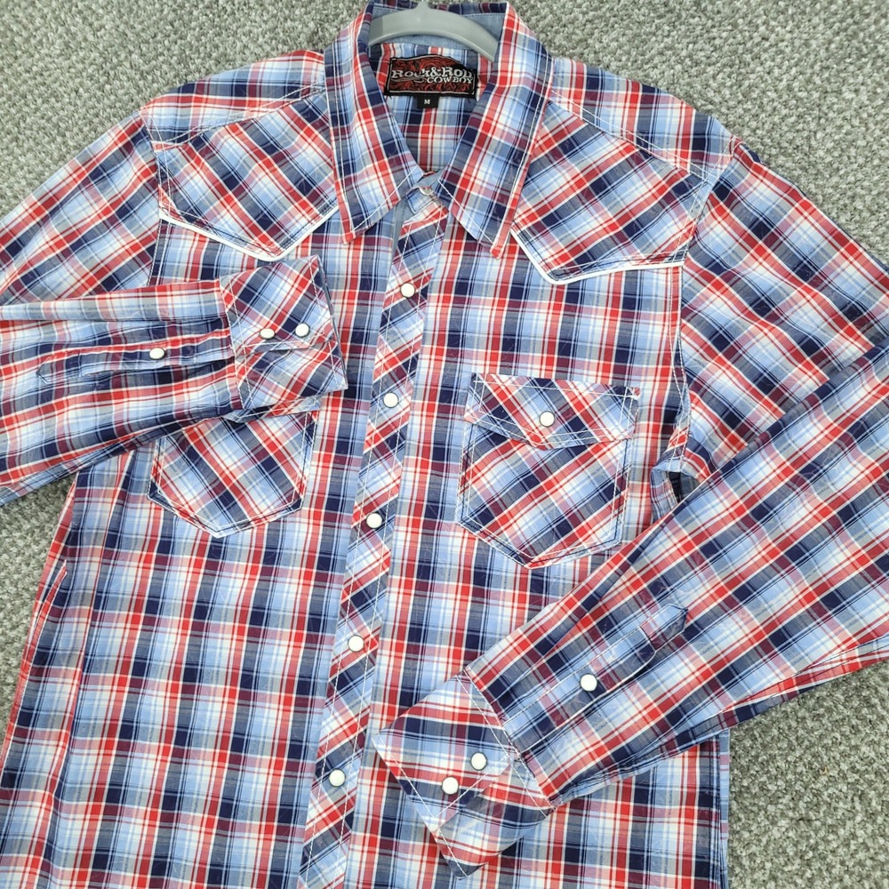 Rock and Roll Cowboy Mens Plaid Western Pearl Snap Shirt Red Blue Medium Rancher